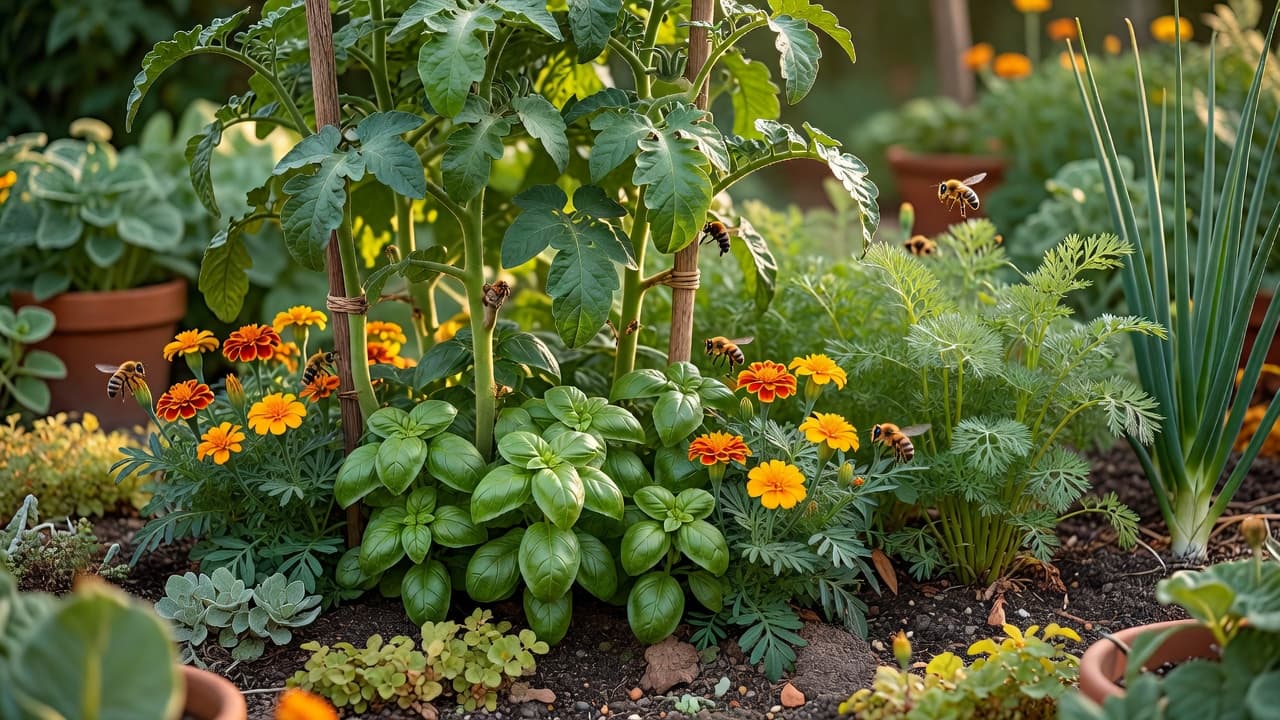 Ein mit KI gestaltetes Mischkultur-Gemüsebeet: Tomaten mit Basilikum und Tagetes unterpflanzt, Möhren und Zwiebeln in der nächsten Reihe, im warmen Nachmittagslicht