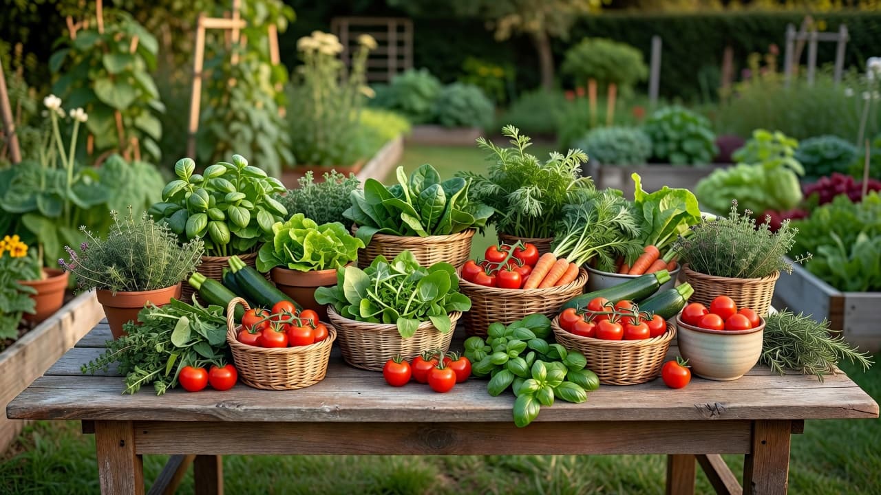Eine mit KI geplante Küchengarten-Ernte 2026: Körbe mit Sungold-Kirschtomaten, Pflücksalat, Zucchini, Möhren und frischen Kräutern auf einem Holztisch im warmen Tageslicht