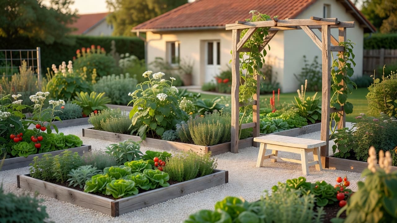 Ein fertiger, zuerst mit einem KI-Gemüsegarten-Planer geplanter Küchengarten: ordentliche Hochbeete voller Salat, Tomaten, Bohnen und Kräuter mit Kieswegen in der Abendsonne