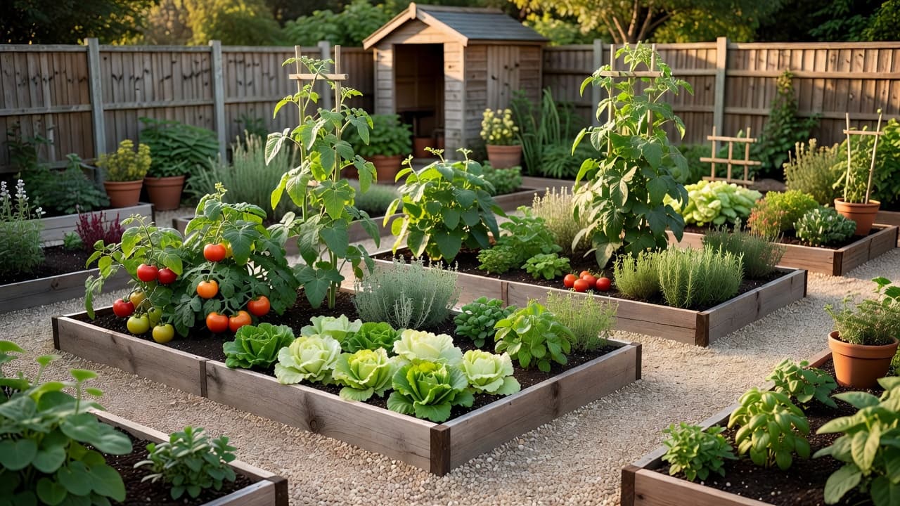 An AI vegetable garden planner layout of raised beds planted with lettuce, tomatoes, beans and herbs mapped onto a real back garden in warm daylight