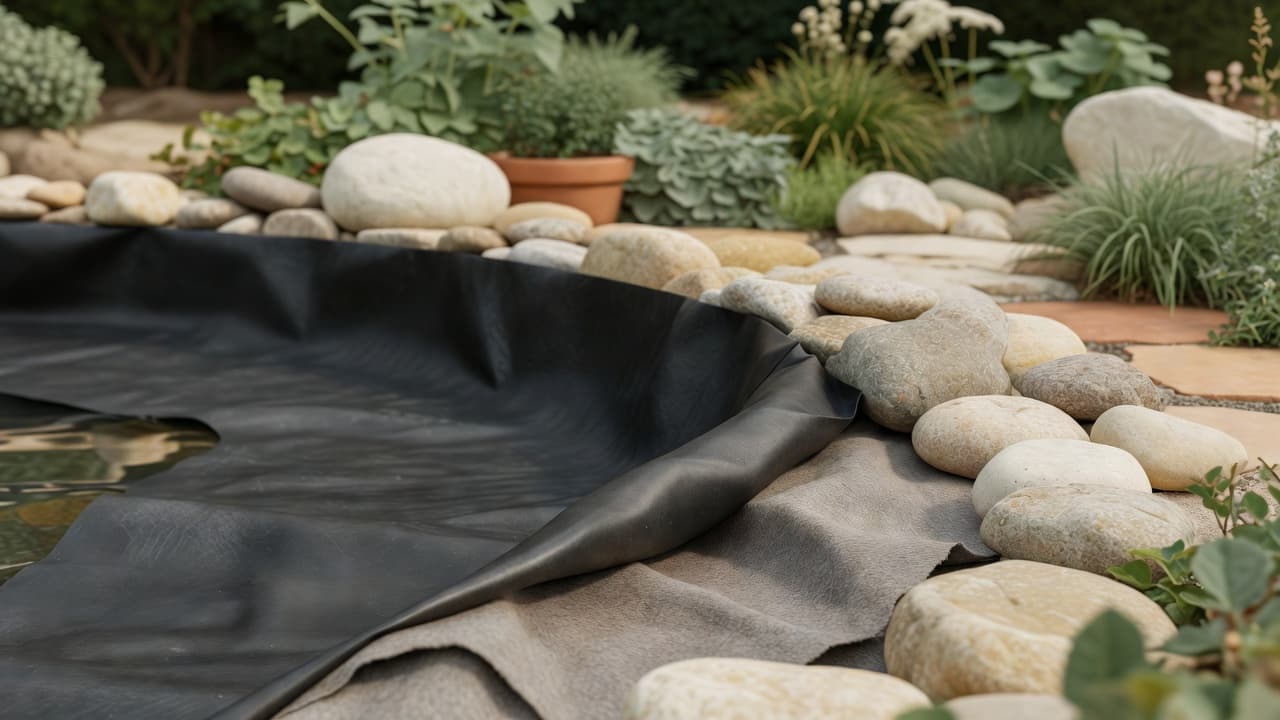 Installazione di un telo flessibile per laghetto in EPDM con bordo in pietra naturale intorno a un laghetto da giardino