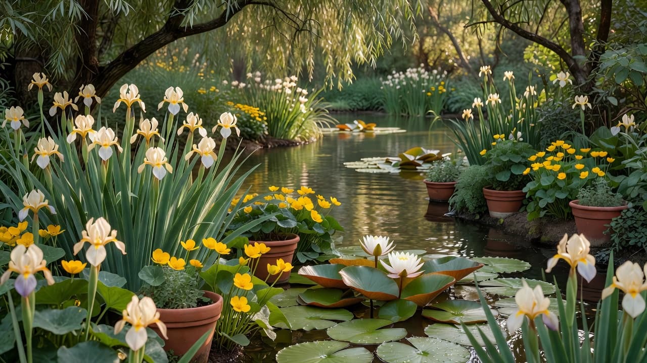 Piantumazione perimetrale di giardino acquatico con iris d'acqua, calta palustre e ninfee rustiche lungo il bordo di un laghetto da giardino