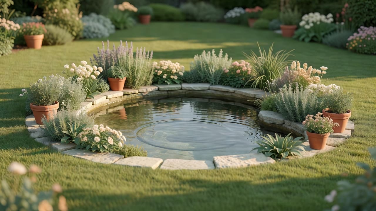 Un laghetto da giardino con ripiano di sicurezza poco profondo e bordo in pietra naturale accanto a un prato, progettato per un giardino di famiglia