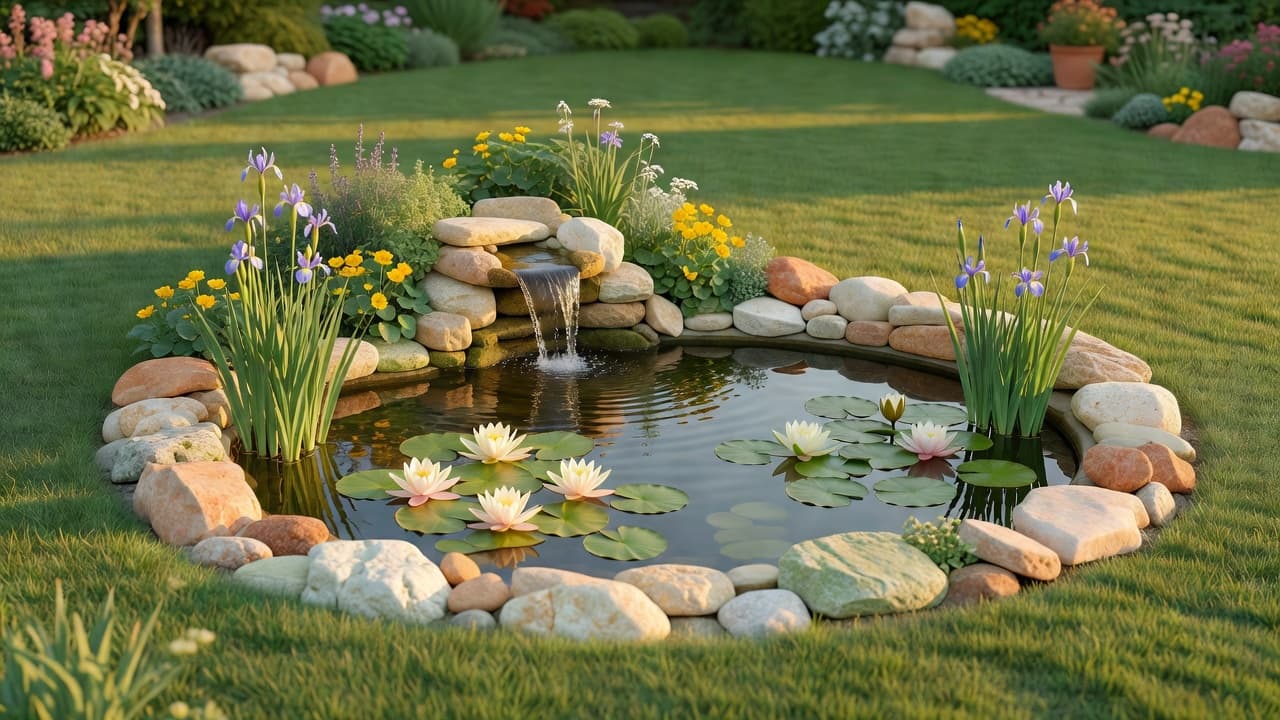 AI water garden design showing a redesigned backyard pond with natural stone edging, marginal planting and a small waterfall