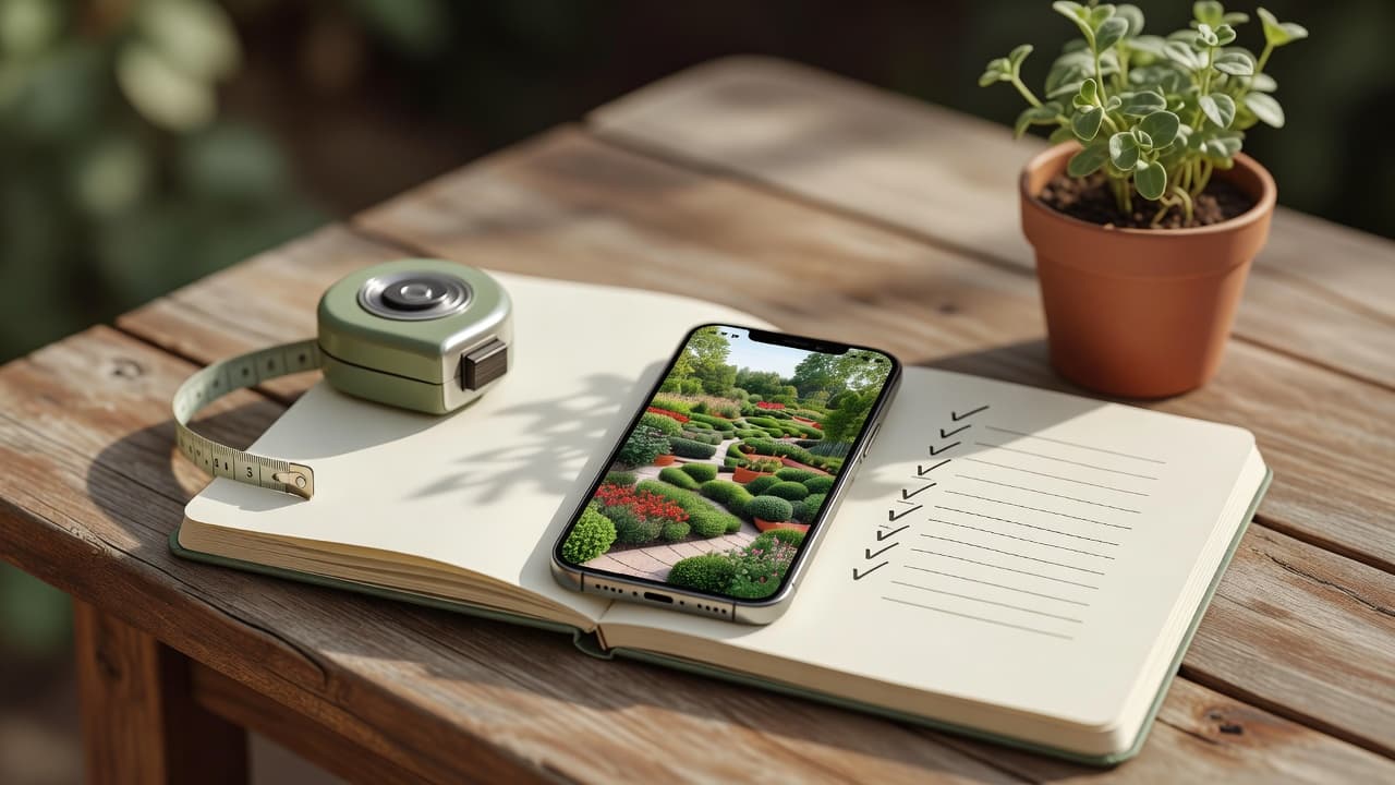 A flat lay of a phone showing an AI garden design redesign next to a notebook with a hand-drawn scoring checklist and a tape measure