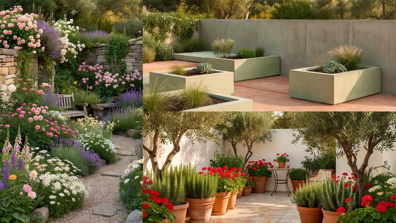 The same garden shown reimagined in several different AI garden design styles side by side, from cottage to modern minimalist