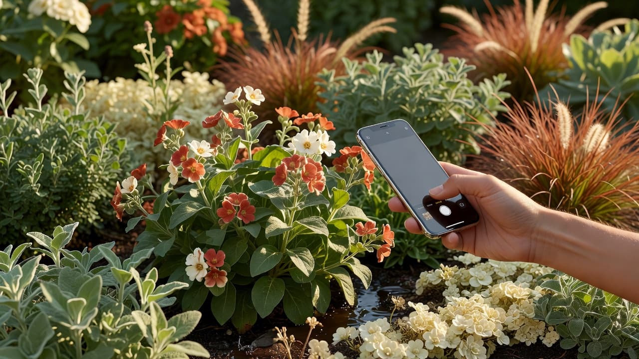 A hand holding a phone scanning a real plant in a sunny garden border to identify it and suggest climate-appropriate companions