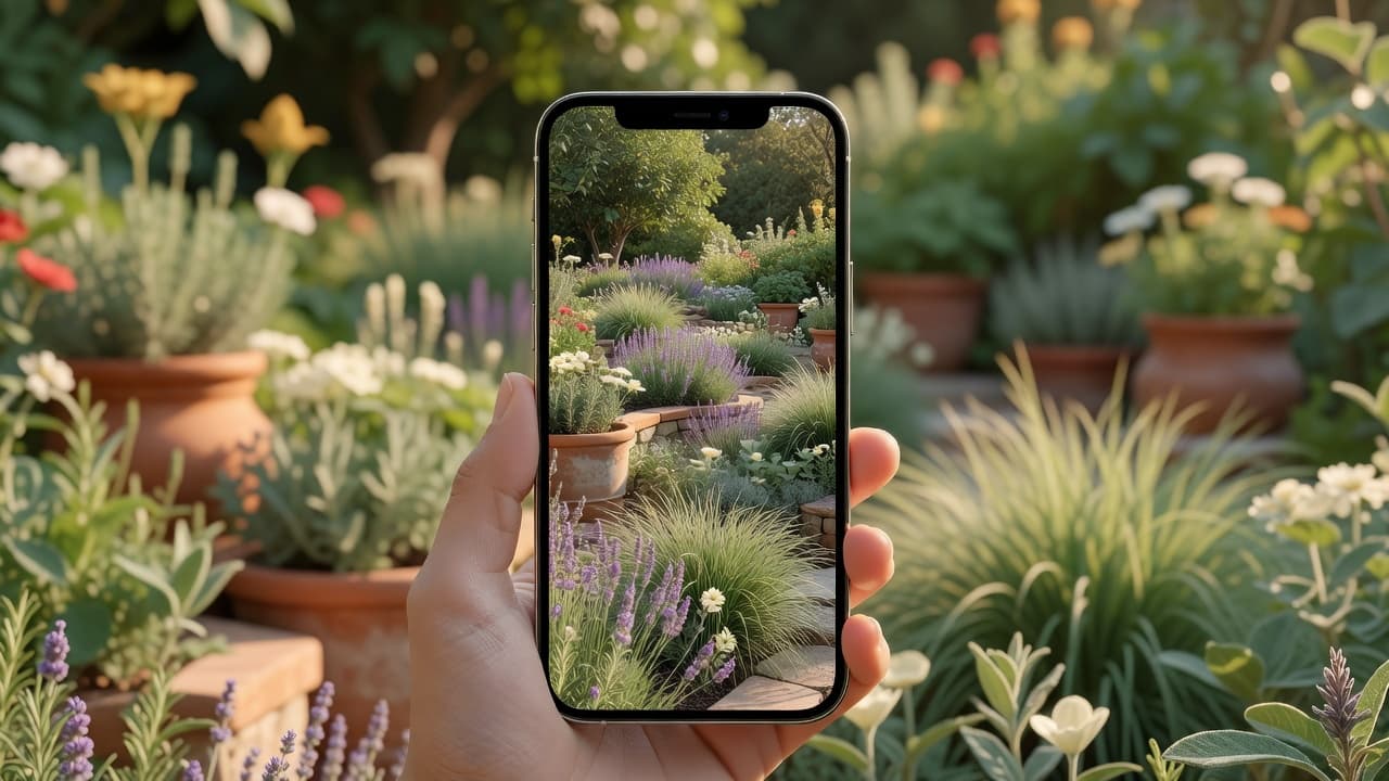 A phone displaying the FlorAI app open in a real garden, showing a photorealistic redesign of the space