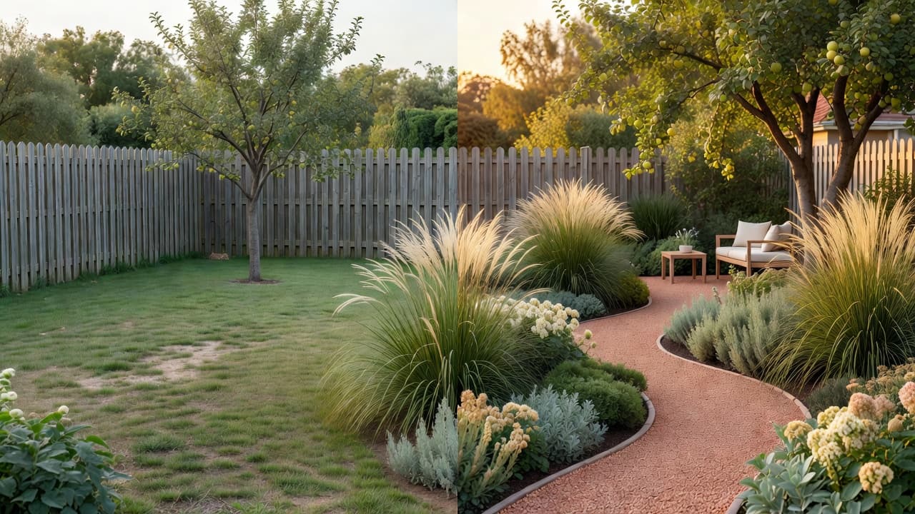 Prima e dopo: a sinistra un giardino comune, a destra lo stesso giardino ridisegnato da uno strumento IA