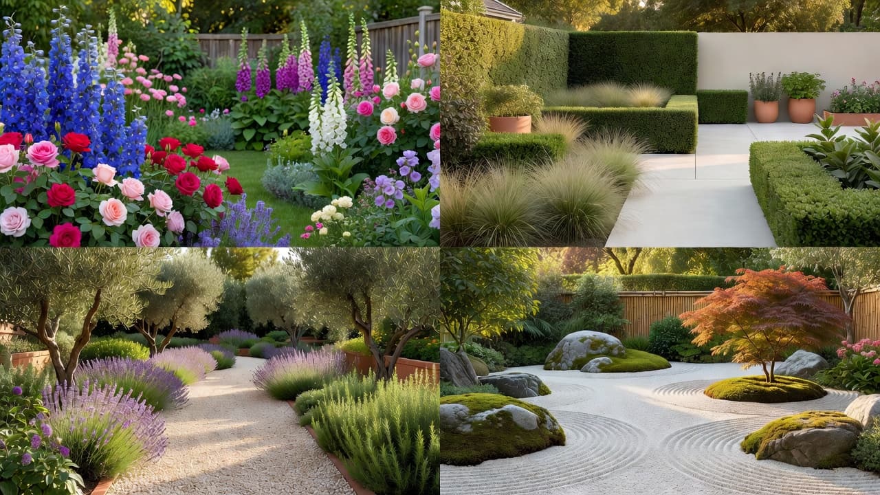 Lo stesso giardino in quattro stili IA: country, moderno, mediterraneo e giapponese