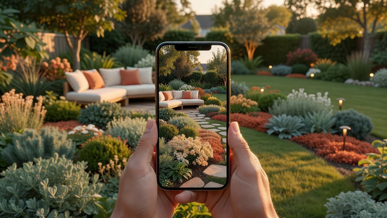 An AI garden design tool shown on a phone in front of a real suburban backyard displaying a photorealistic redesign