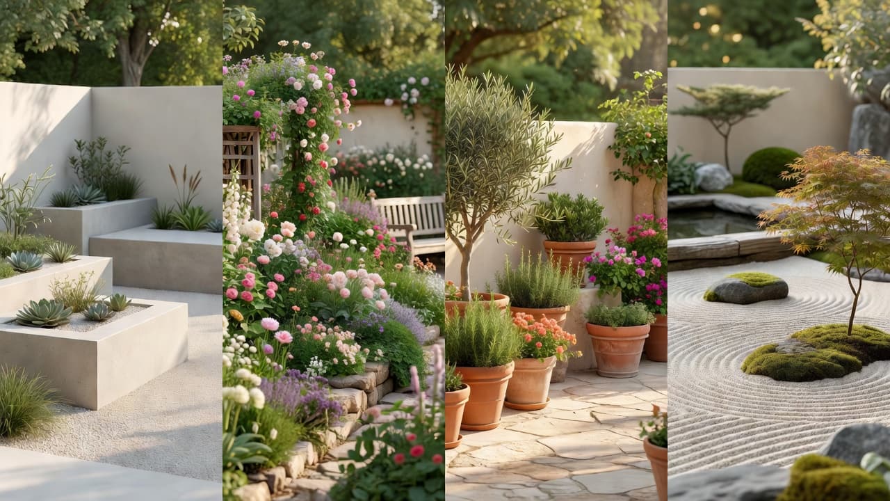 Vier Gartenstile nebeneinander: modern, Cottage, mediterran und japanisch