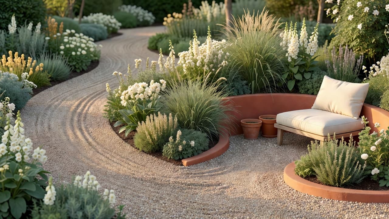 Ein einfacher fertiger kleiner Garten mit Kiesweg, gemischten Beeten und Sitzecke