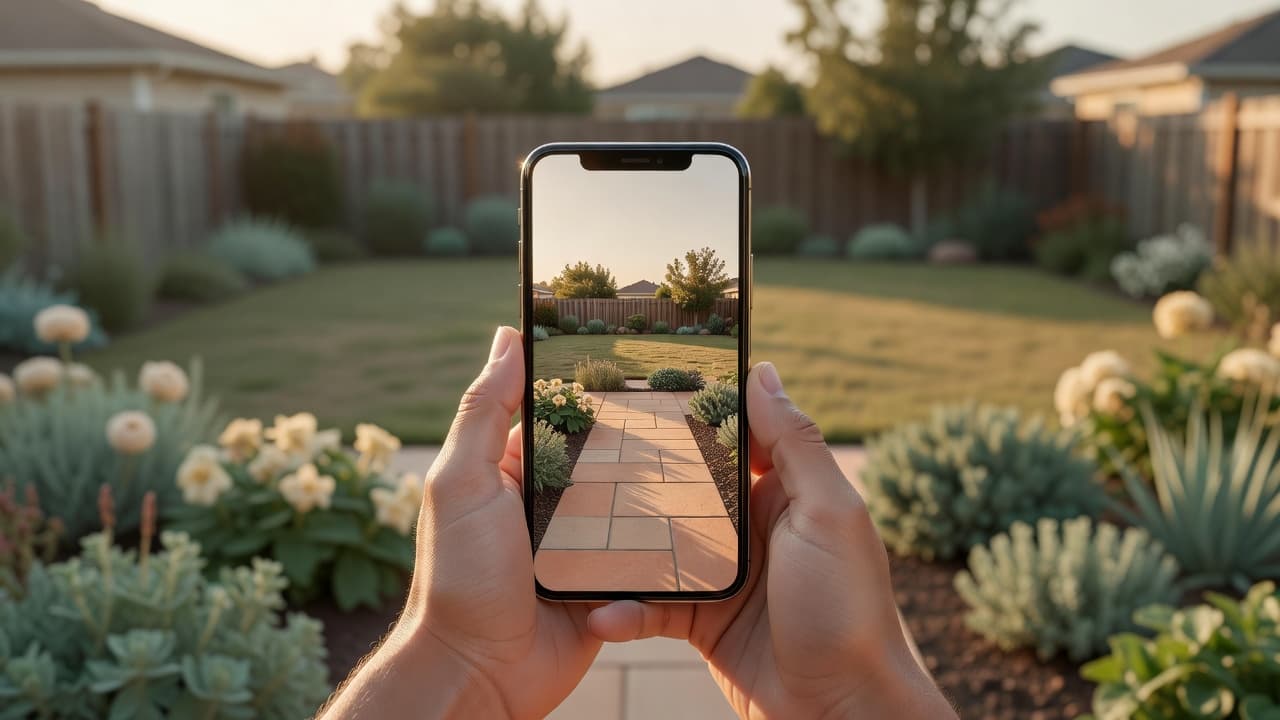 A beginner holding a phone showing an AI garden design of the plain backyard in front of them