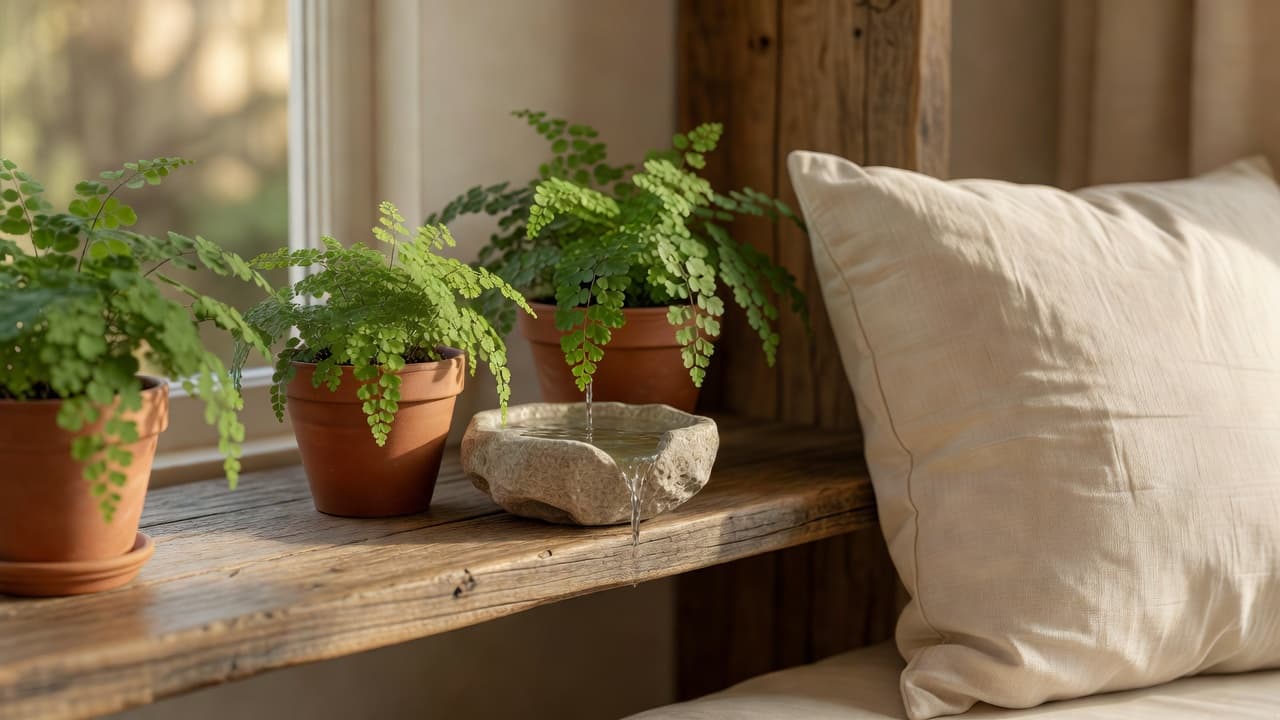 Dettaglio design biofilico: mensola in rovere recuperato con vasi in terracotta, piccola vasca d’acqua in pietra e felce capelvenere