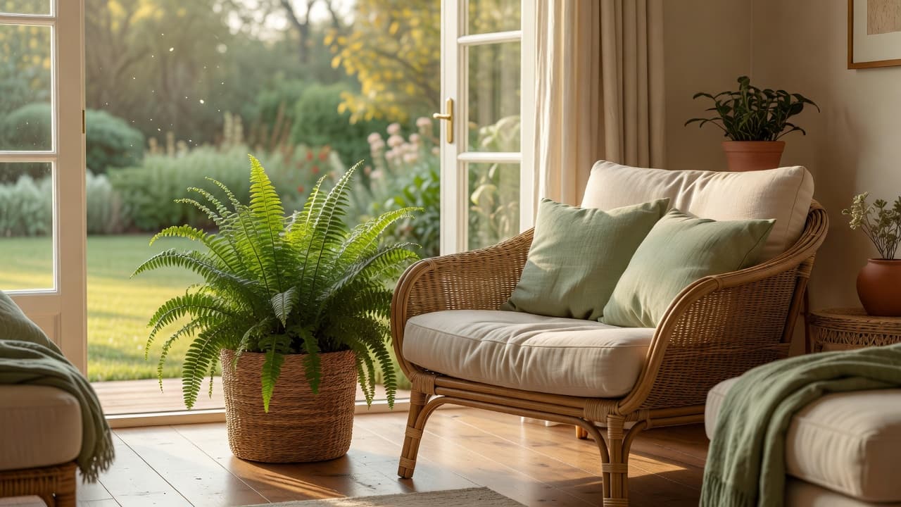 Una stanza da giardino biofilica con poltrona in rattan, cuscini di lino e felce di Boston, porte aperte su un prato