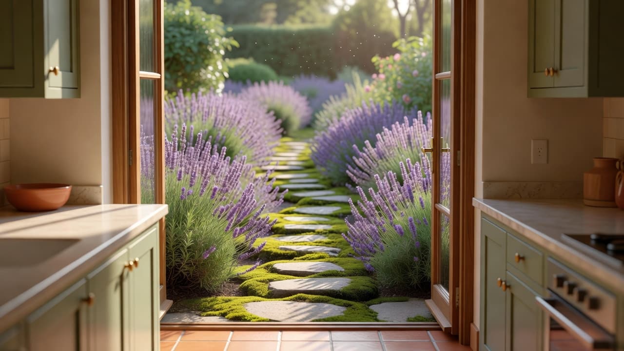 Vista libera da una finestra della cucina attraverso porte aperte verso un vialetto di lastroni muschiati bordato di lavanda
