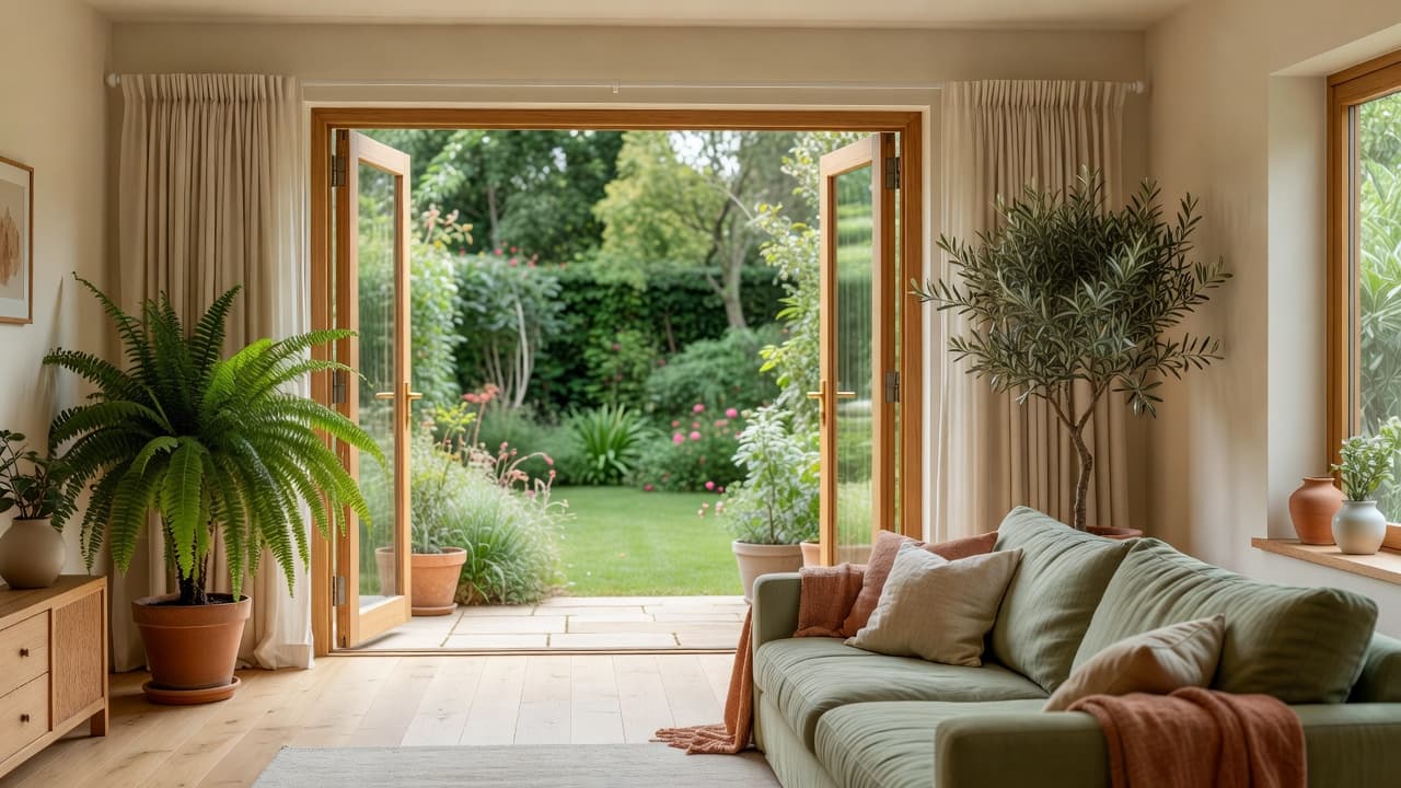 Biophilic design living room with wide bifold doors open to a garden, natural wood, linen and potted ferns either side of the doorway