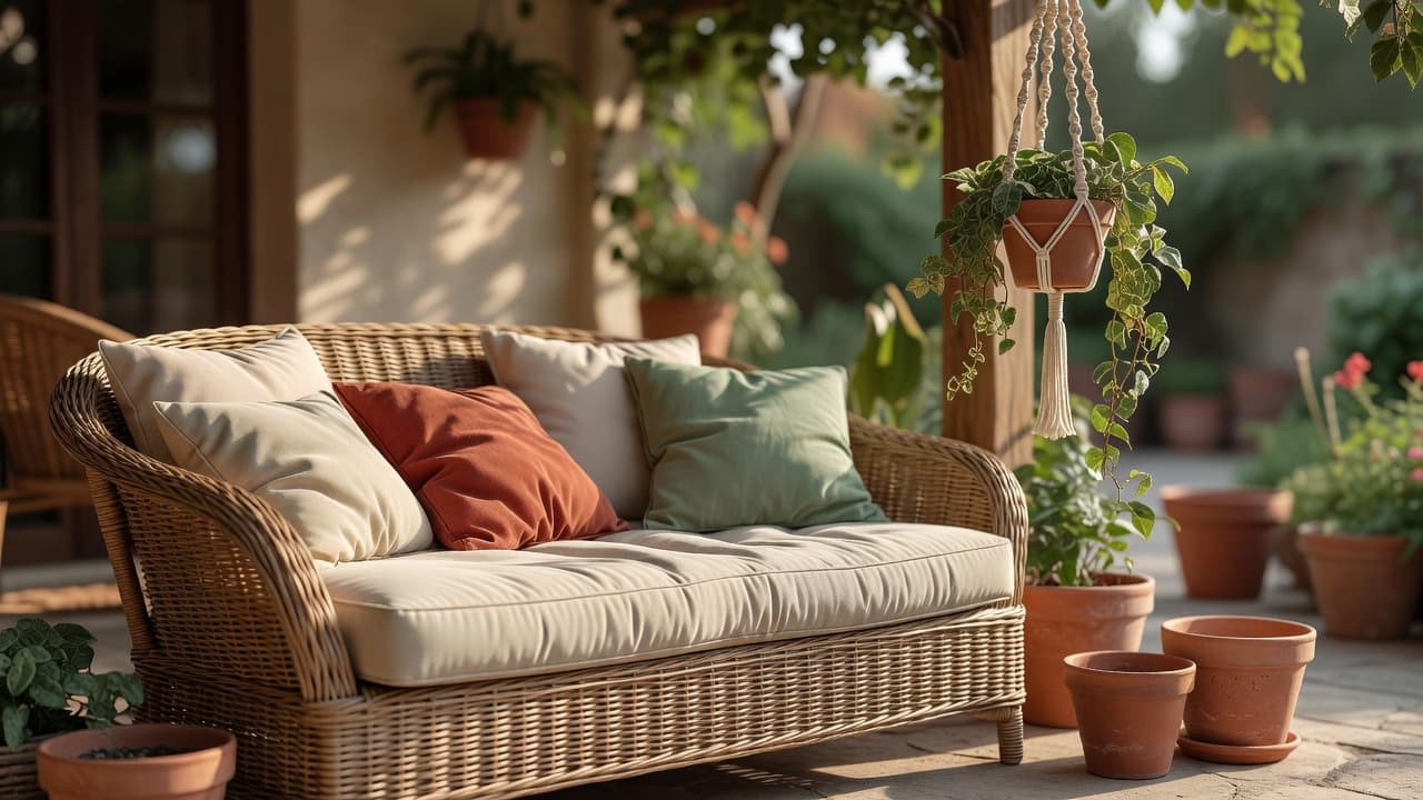 Rattan daybed with layered cushions, a macrame plant hanger and mismatched terracotta pots on a boho garden patio