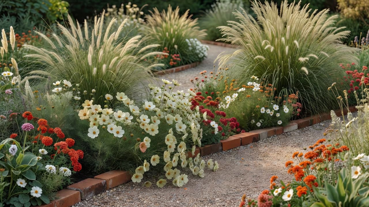 Feathery ornamental grass with self-seeding cosmos and verbena spilling over a gravel path in a boho garden planting scheme
