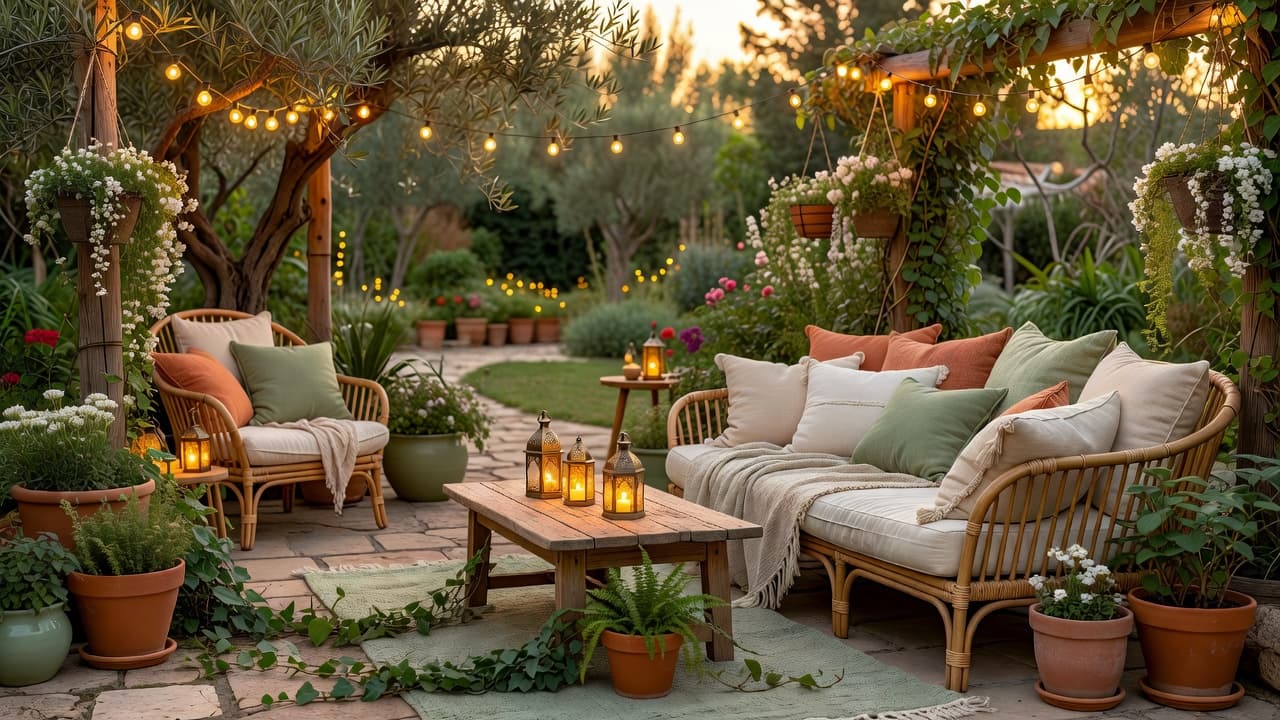 A boho garden patio at dusk with festoon lights, lanterns and a rattan daybed layered with cushions