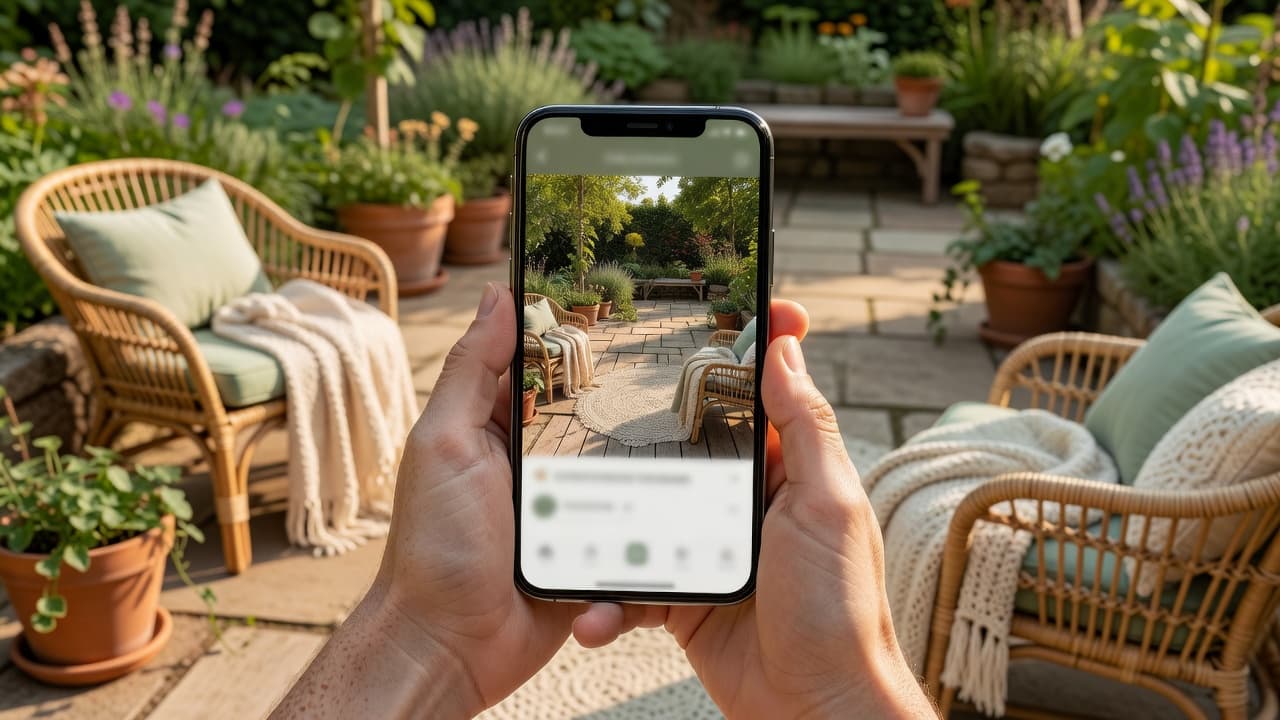 A smartphone showing an AI-generated boho garden design preview held up in front of a real patio