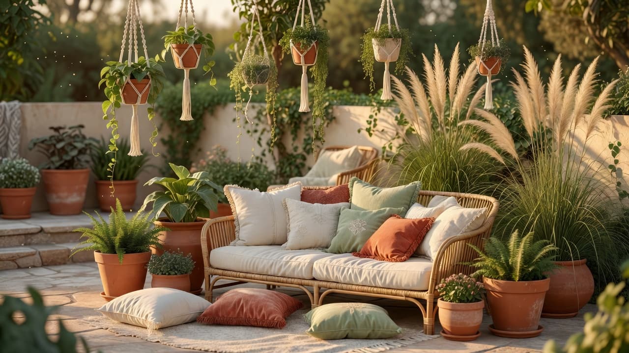 A boho garden design with rattan furniture, layered cushions, macrame plant hangers and pampas grass in warm evening light