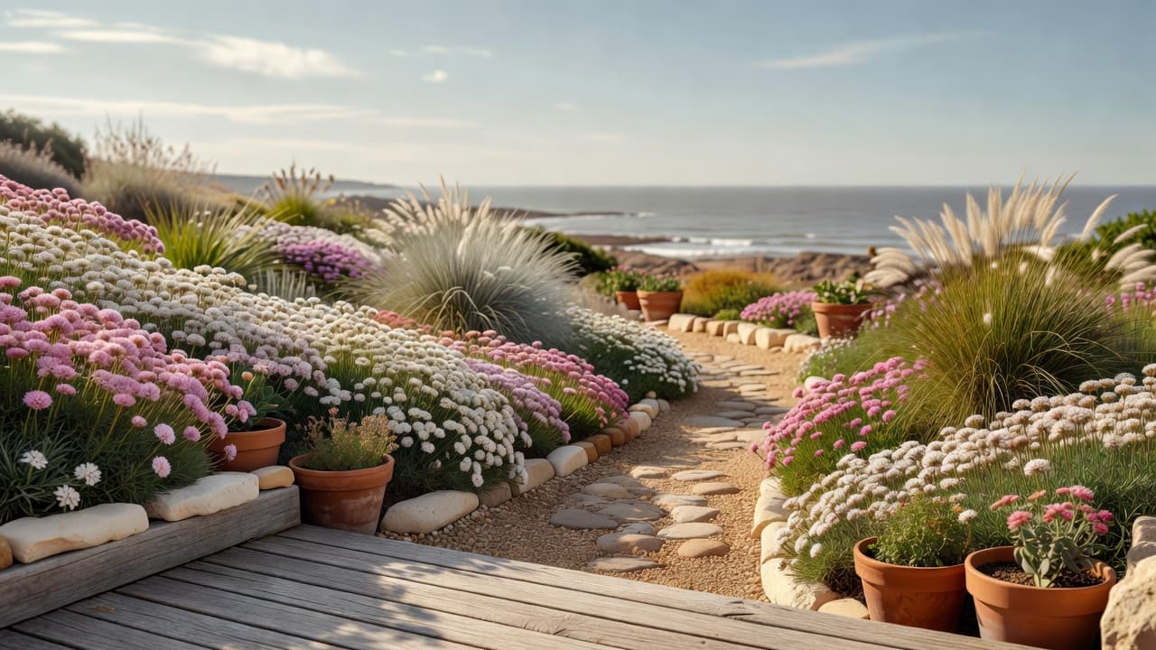 Coastal garden design with sea thrift, ornamental grasses and weathered timber decking overlooking the shoreline