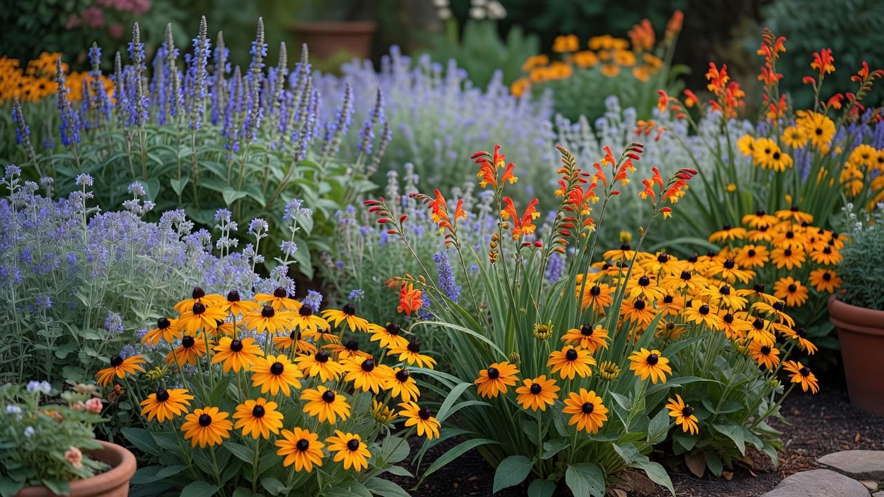 Ein Gartenbeet nach Farbtheorie für die Gartengestaltung mit warmem goldenem Rudbeckia und Crocosmia im Vordergrund und kühlem blauem Salbei im Hintergrund