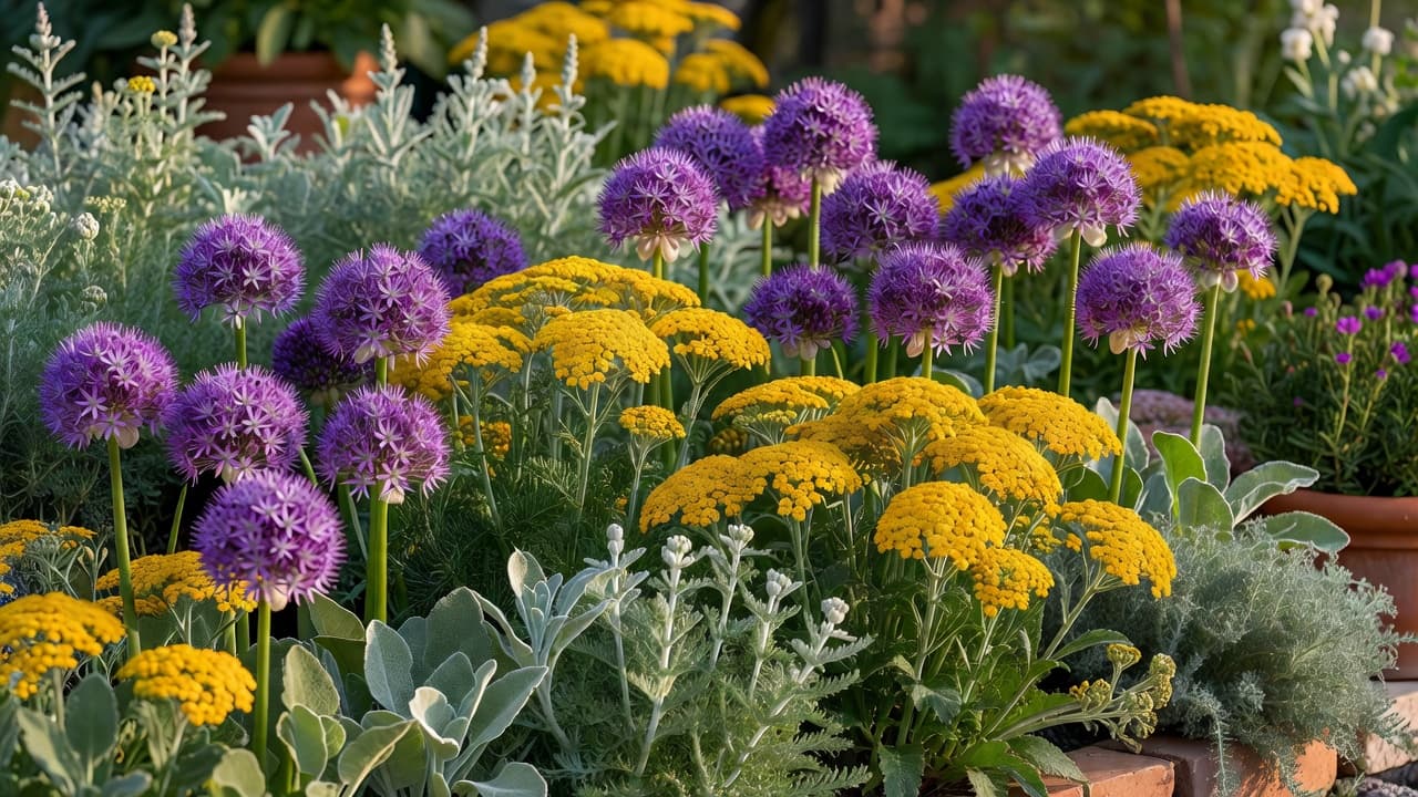 Ein komplementäres Farbschema nach Farbtheorie für die Gartengestaltung mit violetten Allium-Blüten und goldenen Achillea-Blüten