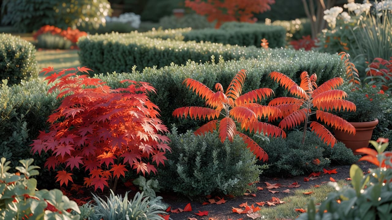 Herbstliche Farbtheorie für die Gartengestaltung: feurig rotes Ahornlaub und orangerote Essigbaumblätter neben einer immergrünen geschnittenen Hecke