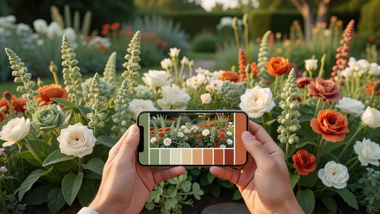 Ein Smartphone zeigt eine KI-Gartendesign-Farbpaletten-Vorschau vor einem echten Gartenbeet