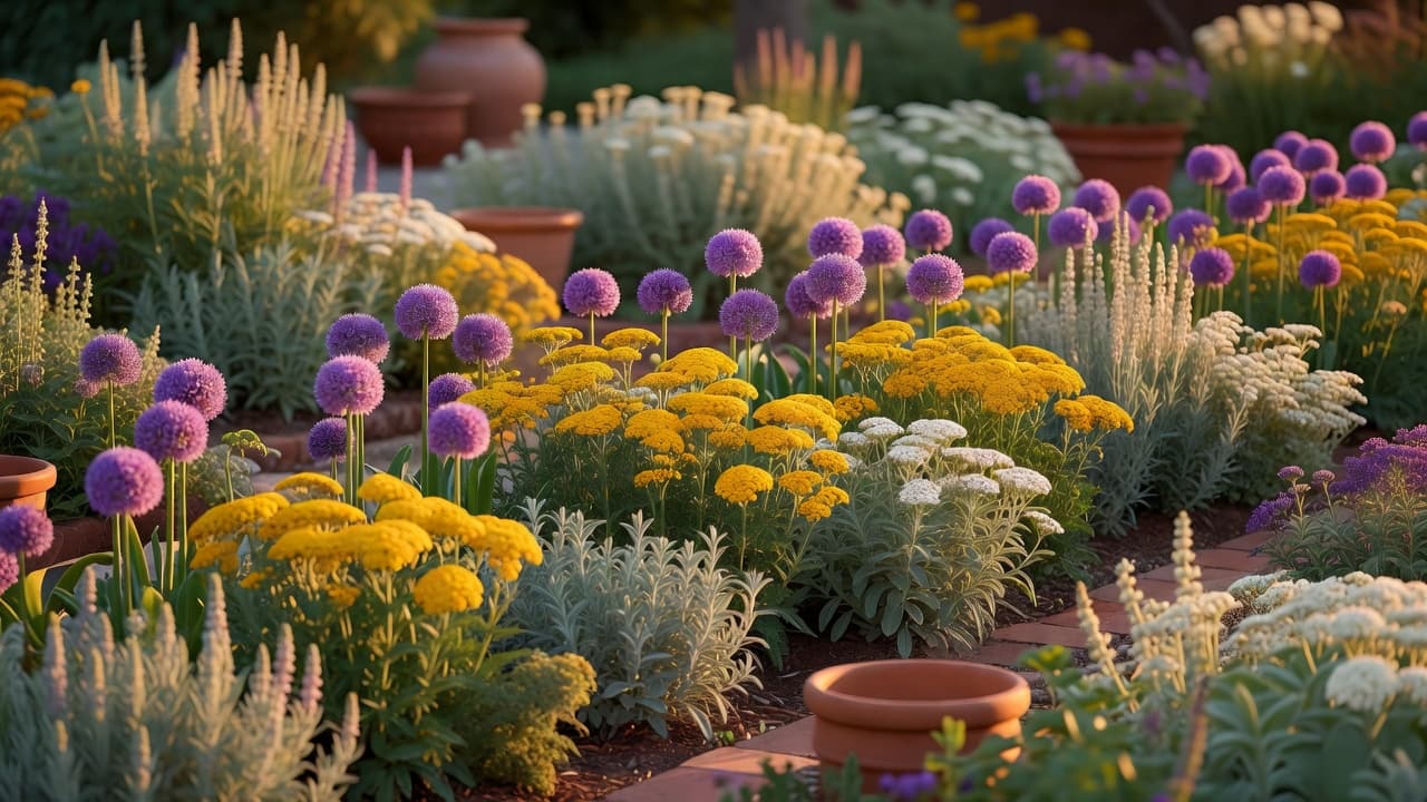 A mixed flower border demonstrating colour theory for garden design, with a repeated purple and gold planting scheme in warm evening light