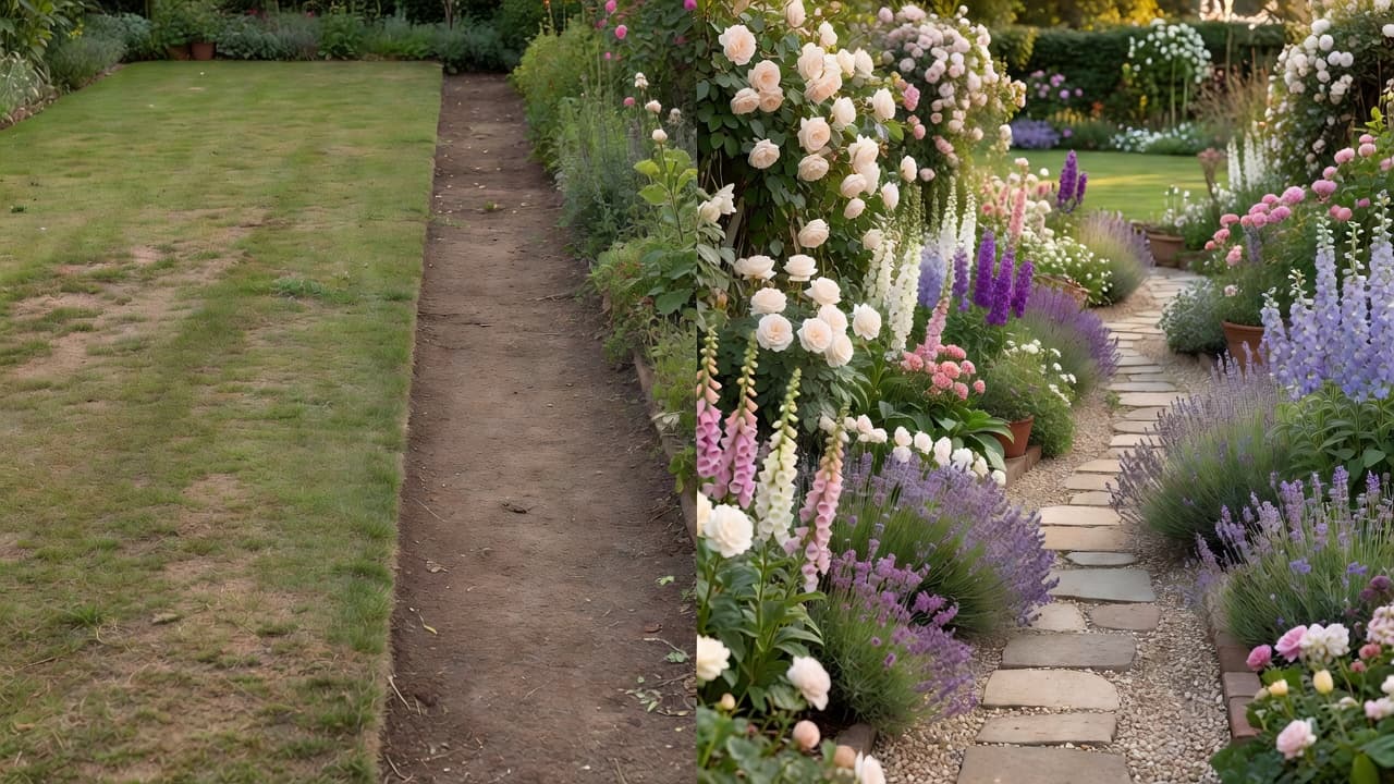 Ein schlichter, fleckiger Rasen und ein kahles Beet neben einer Cottage-Garten Design-App-Neugestaltung desselben Raums, dicht bepflanzt mit Rosen, Fingerhut, Lavendel und einem geschwungenen Kiesweg
