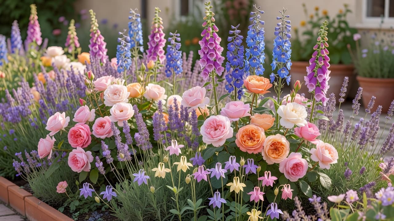Ein Cottage-Garten-Pflanzplan zum Leben erweckt: rosa und aprikotfarbene Rosen, violetter Fingerhut, blauer Rittersporn, Lavendel und Akelei geschichtet in einem dichten informellen Beet bei warmem Tageslicht