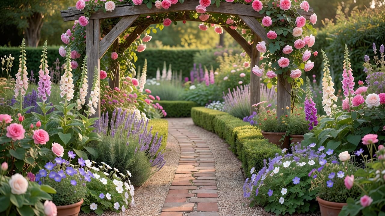 Ein Cottage-Garten-Weg aus alten Ziegeln und Kies, der sich unter einem Holzbogen mit rosa Kletterrosen hindurchschwingt, an den Rändern drängen sich Fingerhut und Lavendel