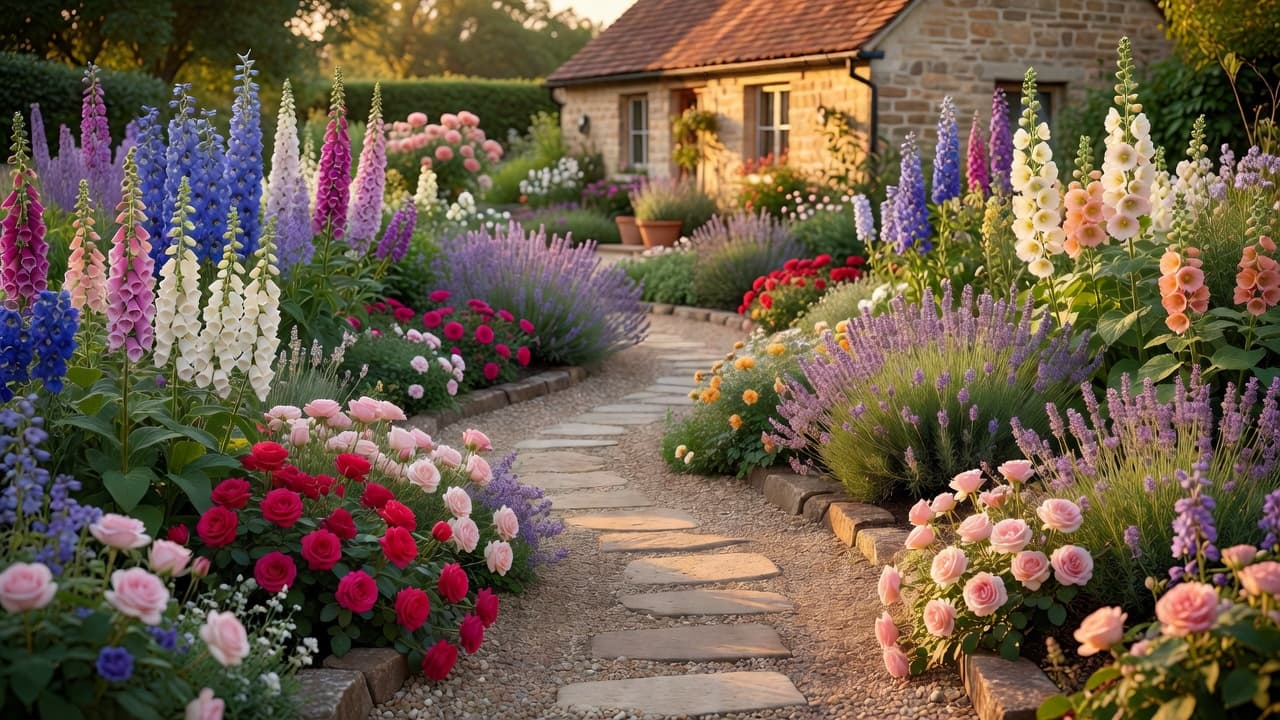 Ein fertiger romantischer Cottage-Garten, gestaltet mit einer Cottage-Garten Design-App: dichte geschichtete Beete aus Rosen, Fingerhut, Rittersporn und Lavendel beiderseits eines geschwungenen Weges im warmen Abendlicht