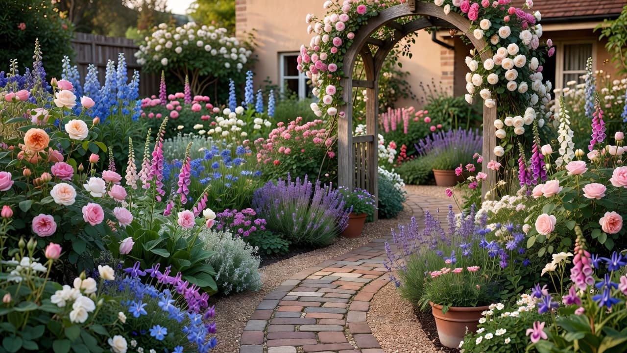 A finished romantic cottage garden designed from a photo: dense layered borders of roses, foxgloves, delphiniums and lavender either side of a winding path in warm daylight