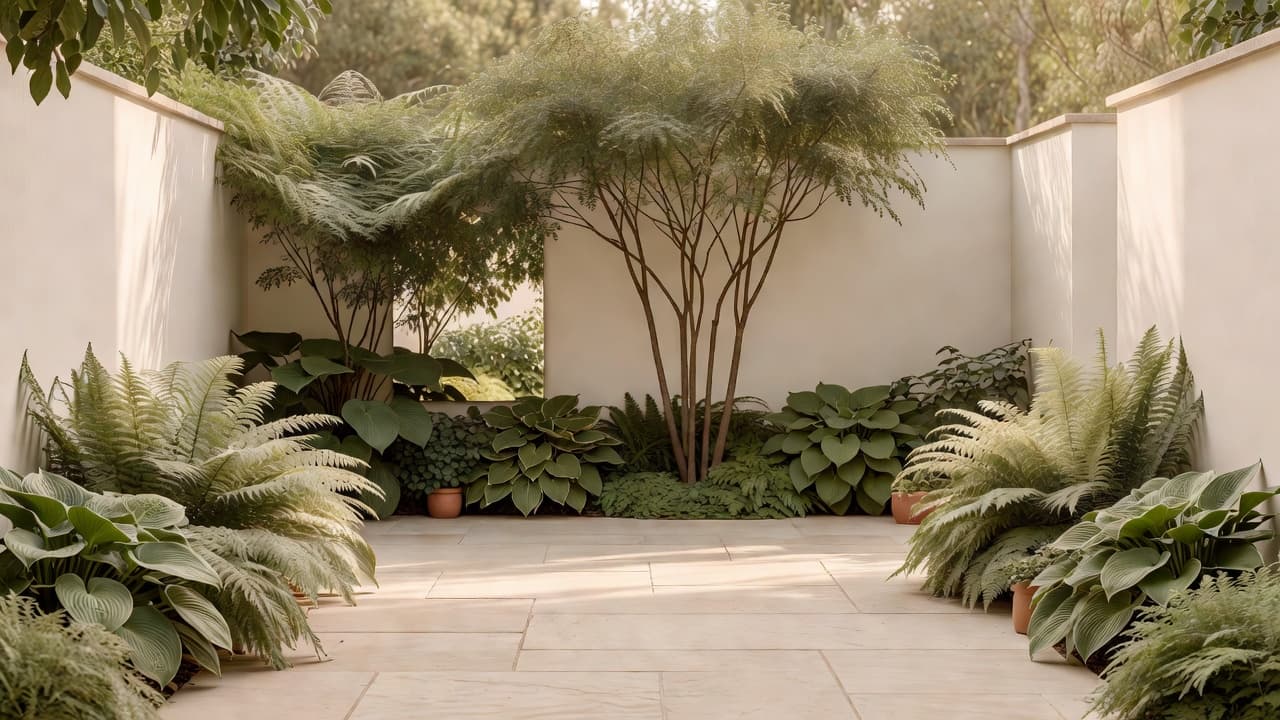 Courtyard garden design idea for a small walled space with pale sandstone paving, layered shade planting and a multi-stem tree