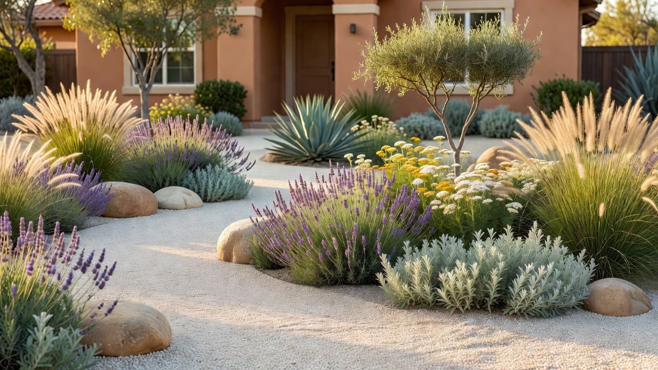 A xeriscape design tool redesign of a real front yard into a water-wise garden with gravel, boulders, lavender, grasses and a small ornamental tree