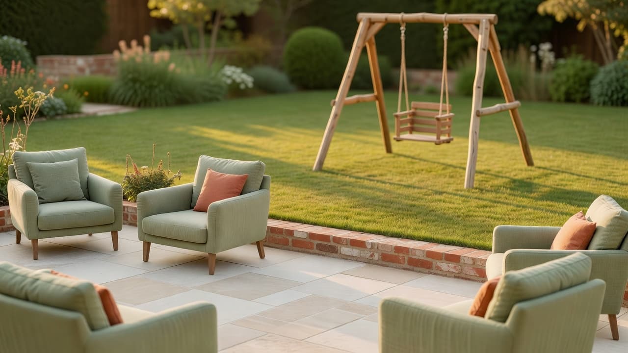 Family friendly garden design with a zoned lawn play area, raised bed dividers and a paved seating terrace for adults