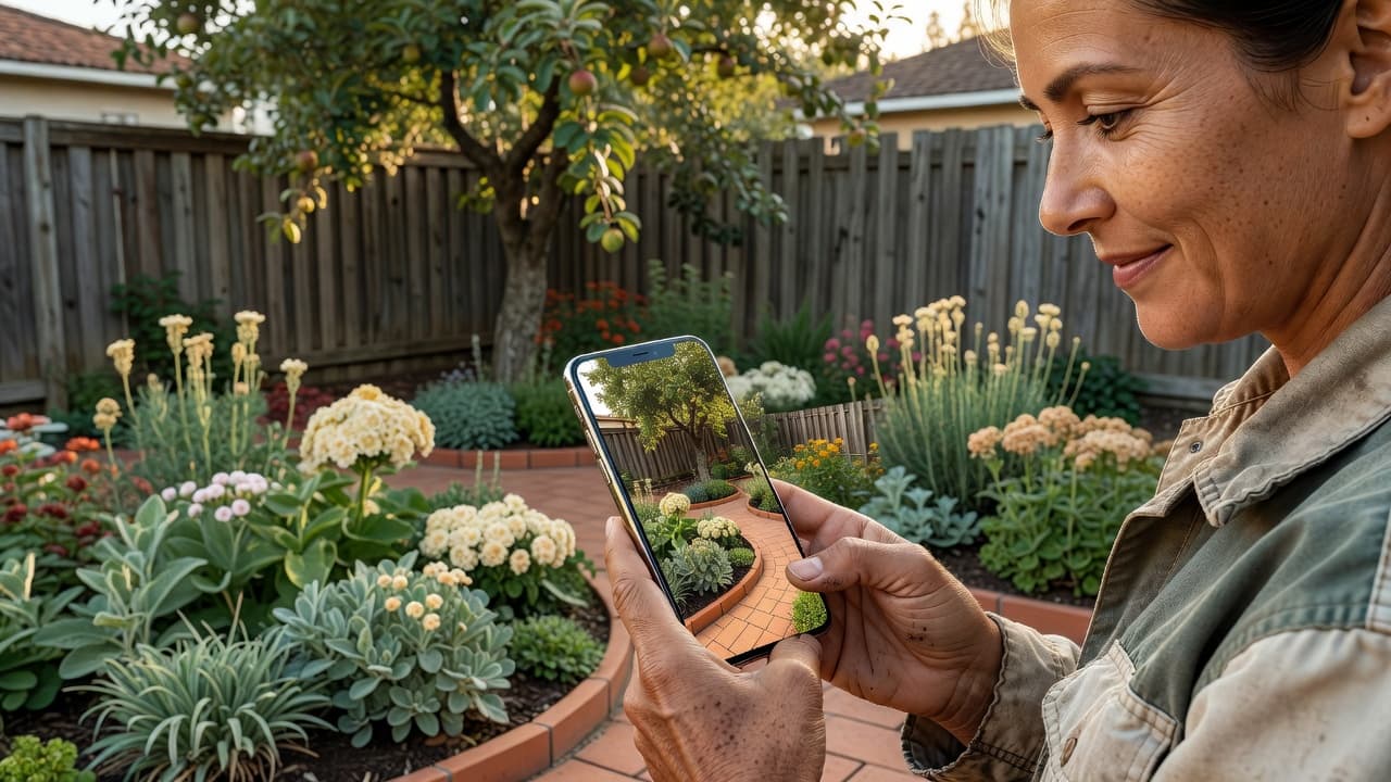 A gardener holding a phone in a backyard showing the FlorAI AI garden design app redesigning the space