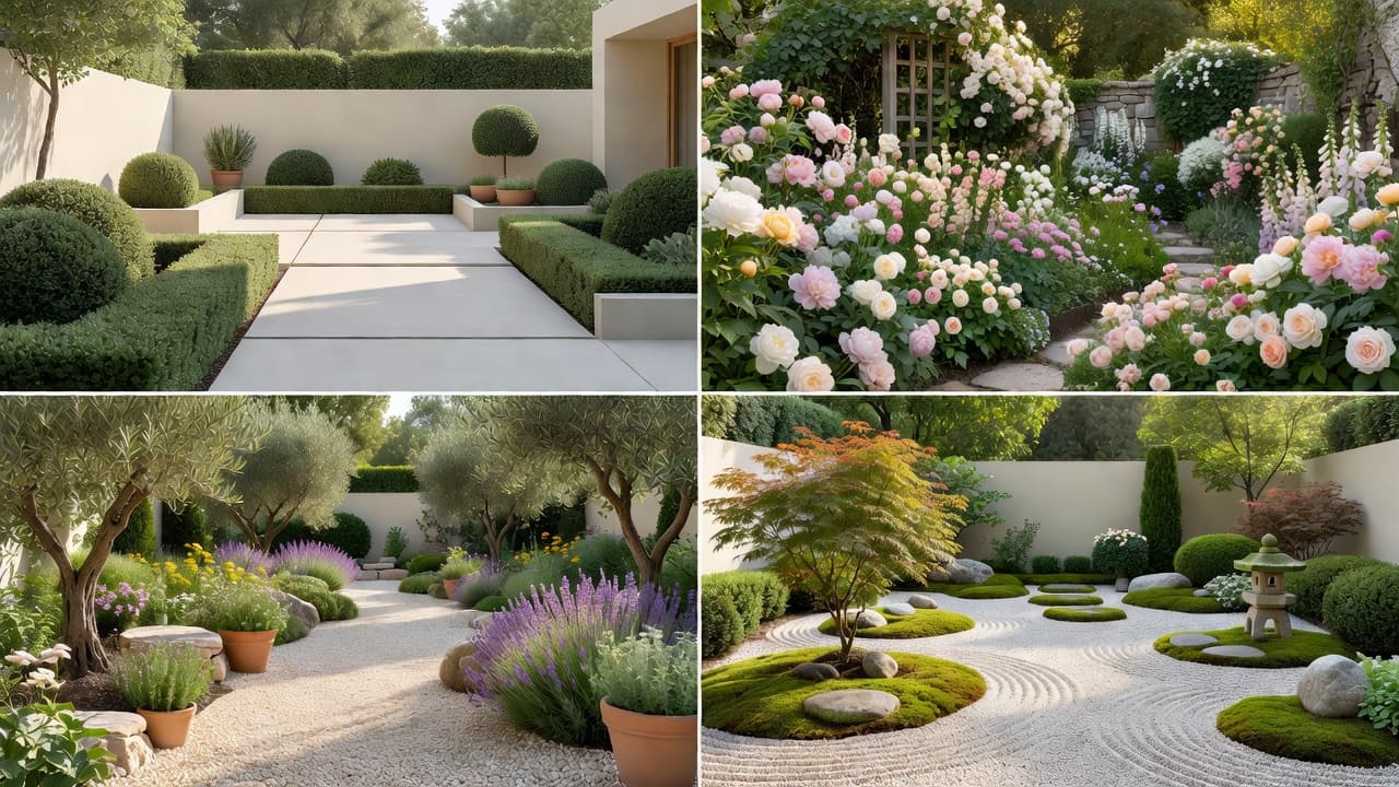 A grid of the same backyard redesigned by FlorAI in several different garden styles