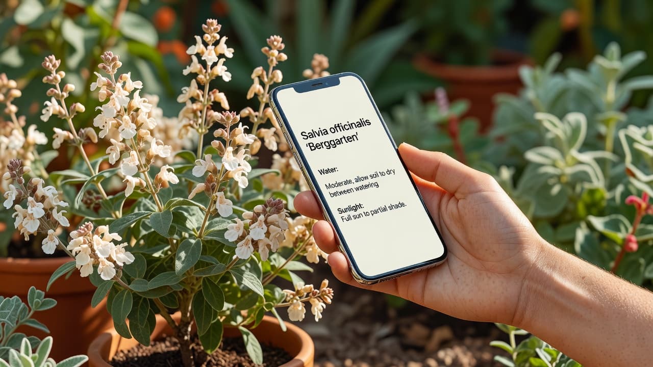 Close-up of the FlorAI app scanning a garden plant and showing identification and recommendations