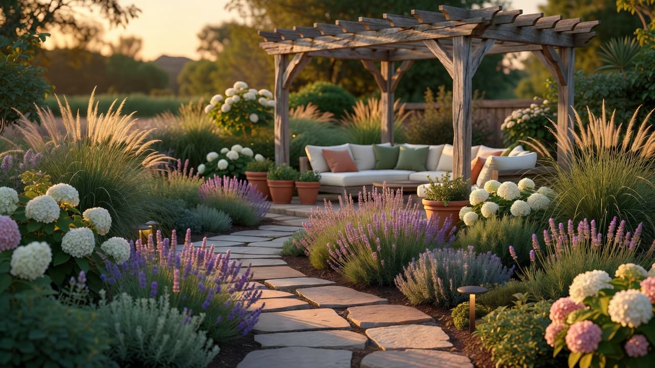 A finished, beautifully planted backyard at golden hour reflecting a FlorAI redesign