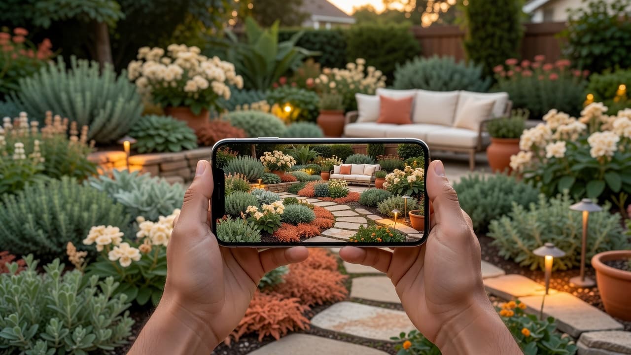 The FlorAI AI garden design app redesigning a real backyard on a phone, with a lush finished garden behind