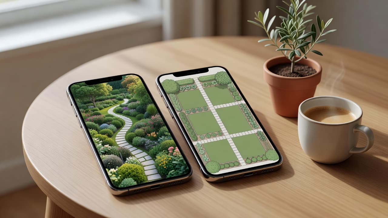 Two phones side by side comparing FlorAI with a typical garden design app on the same backyard