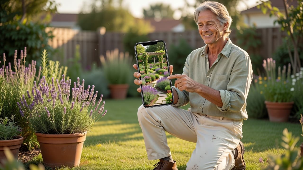 An older gardener easily using the FlorAI app on a phone in a sunny garden