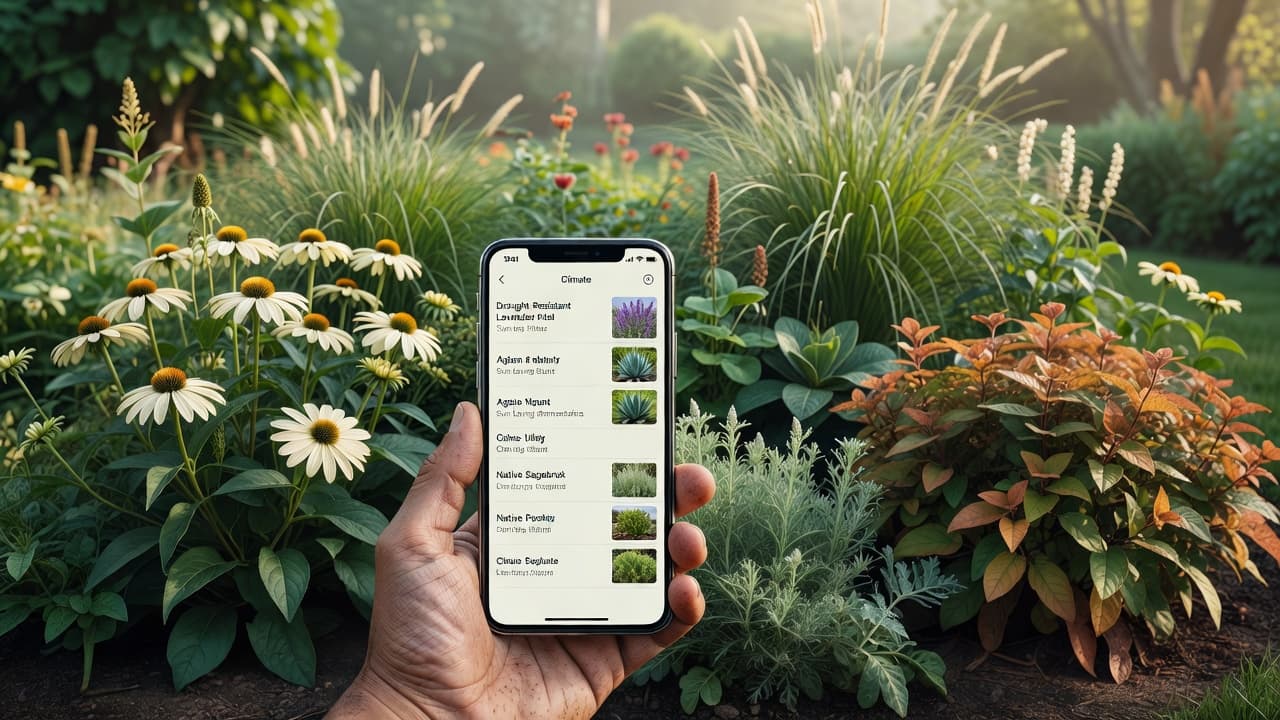 A phone showing FlorAI plant recommendations tailored to the local climate beside thriving regional planting