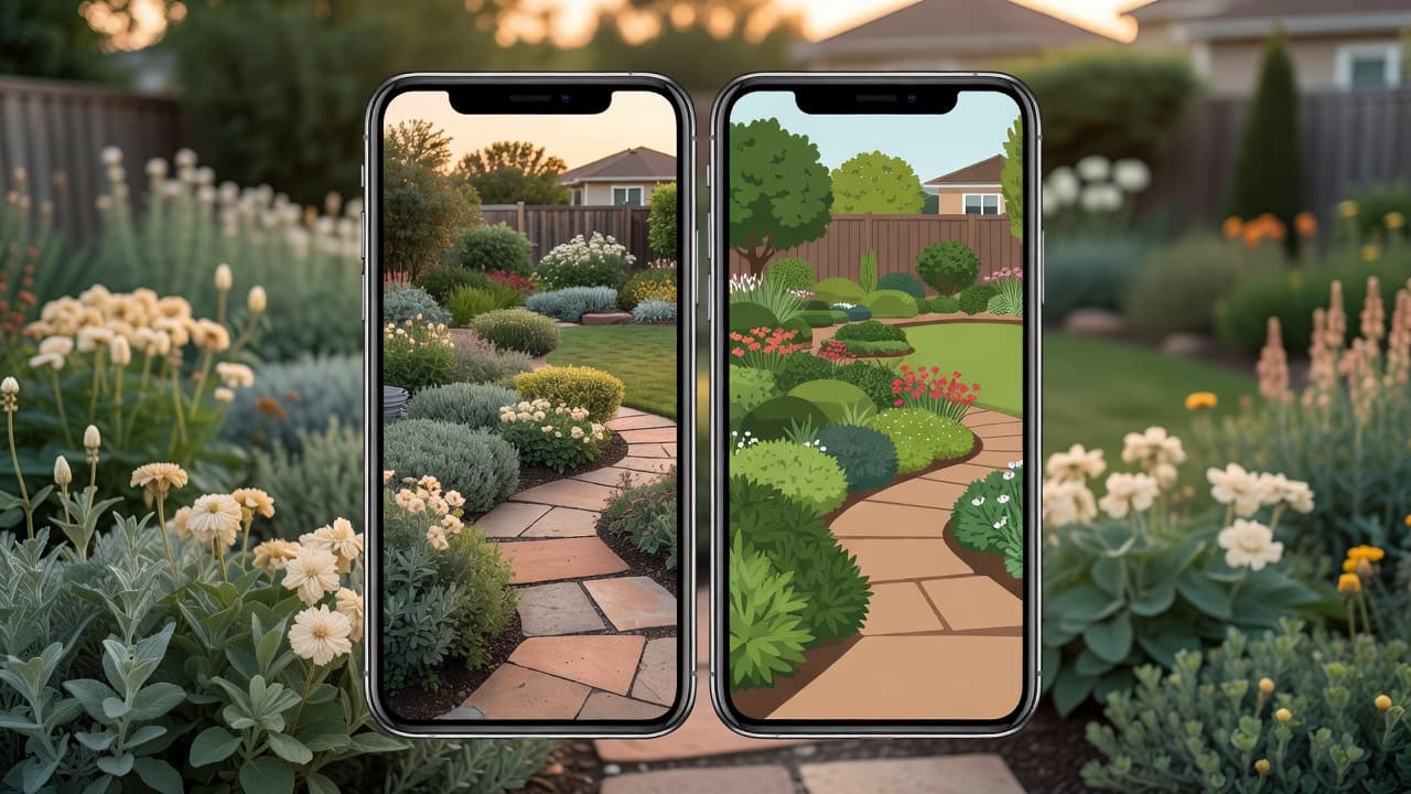 FlorAI compared with other garden design apps on two phones over a redesigned backyard